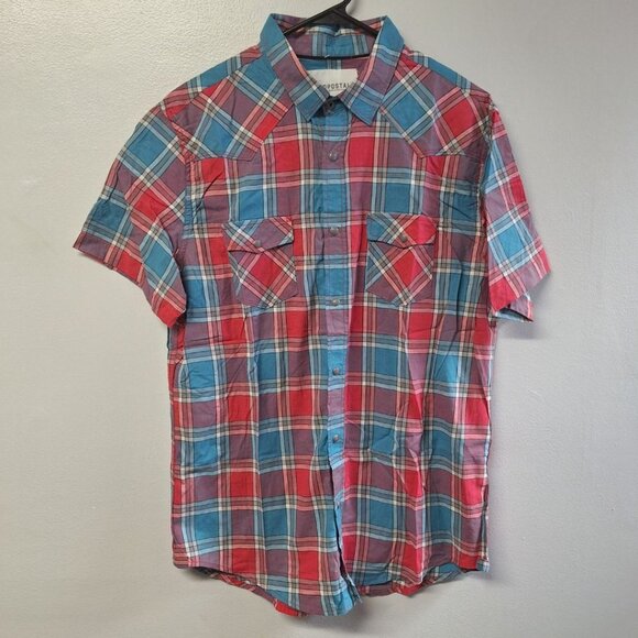 Aeropostale Snap Shirt Plaid Pink Blue Mens Large Short Sleeve Collared - Picture 1 of 8
